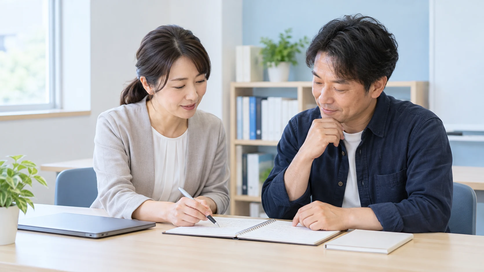 スタッフと隣に座りノートで学習計画を確認するイメージ